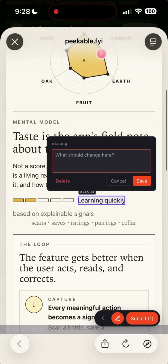 A real Peekable session open on a phone, with a note pinned to an element